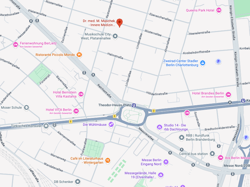 Kartenausschnitt mit der Lage der Privatpraxis Dr. med. Mi-Ri Maschek in der Rüsternallee 14–16, Berlin-Westend.